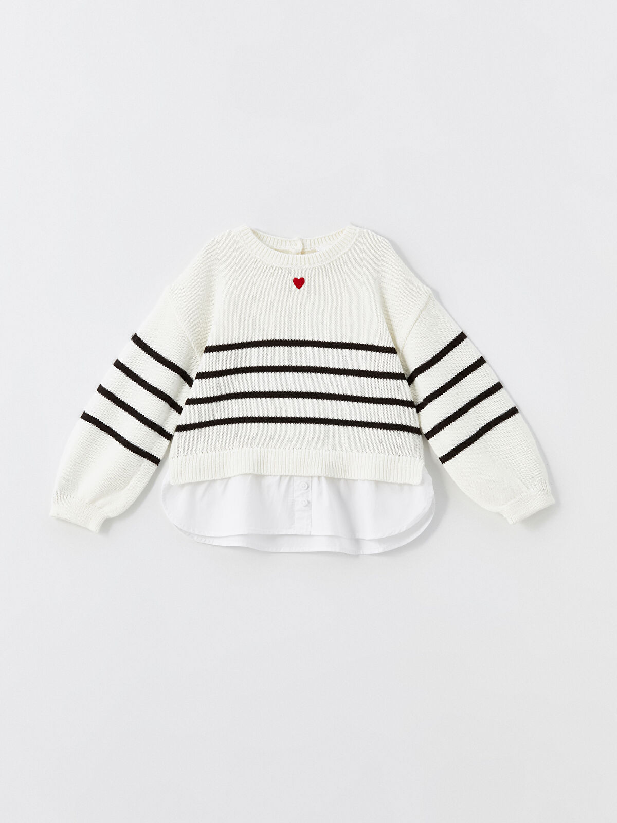 LCW Kids Ekru Bisiklet Yaka Çizgili Kız Çocuk Triko Kazak