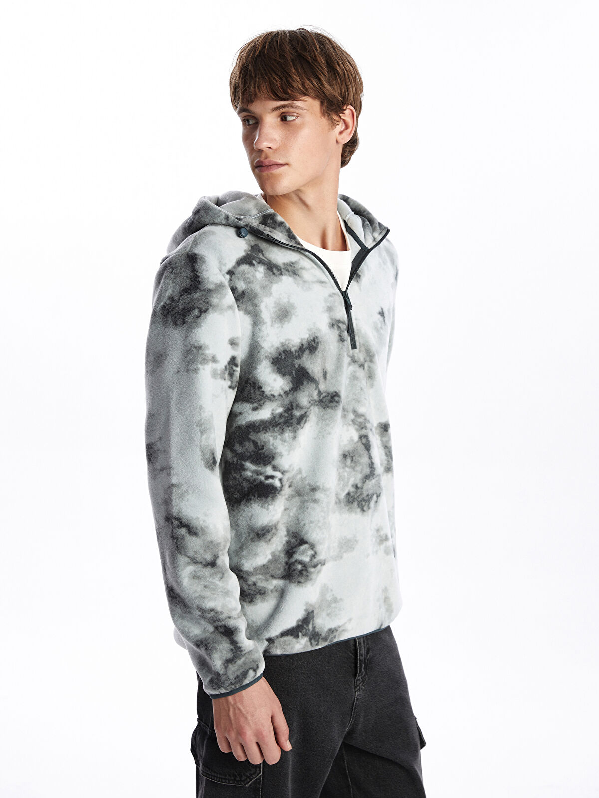 XSIDE ACTIVE Gri Uzun Kollu Desenli Polar Erkek Hoodie - W4EJ99Z8