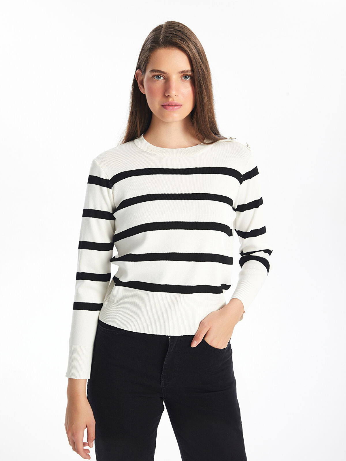 新品　WOMEN’S WR STRIPE CREW NECK KNIT S LCW Vision Crew Neck Striped Women's Knitwear Sweater - W4FR66Z8
