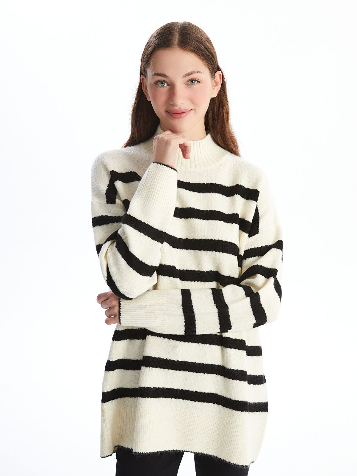 LCW Vision Half Turtleneck Striped Oversize Women's Knitwear