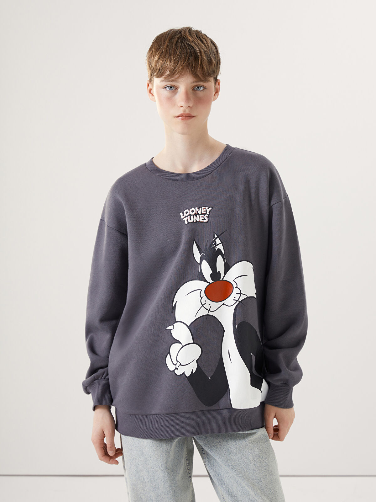 XSIDE Antrasit Bisiklet Yaka Sylvester Baskılı Oversize Kadın