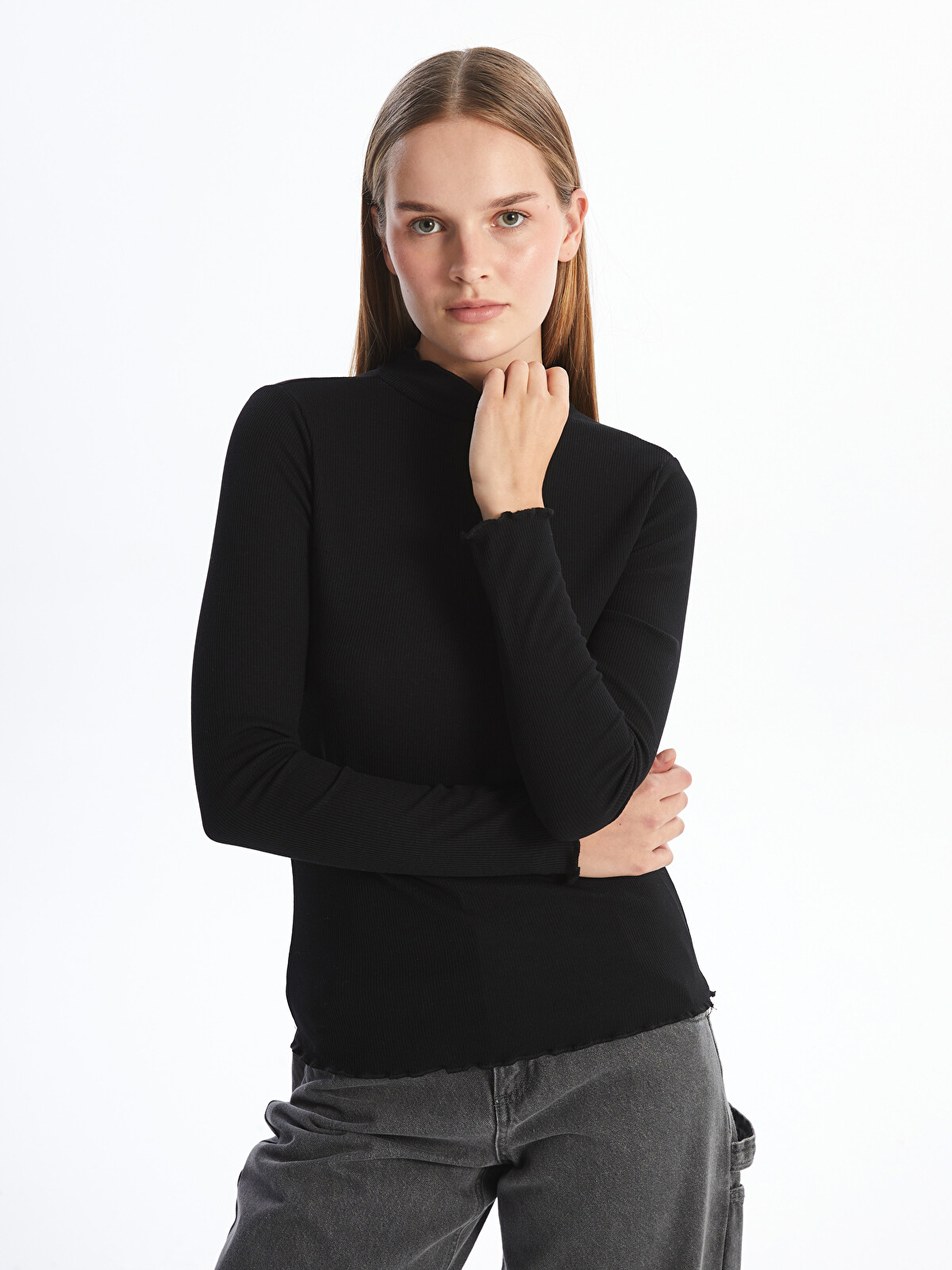 LCW Modest Siyah Dik Yaka Dokulu Kadın Body - W4HT16Z8-CVL | LCW