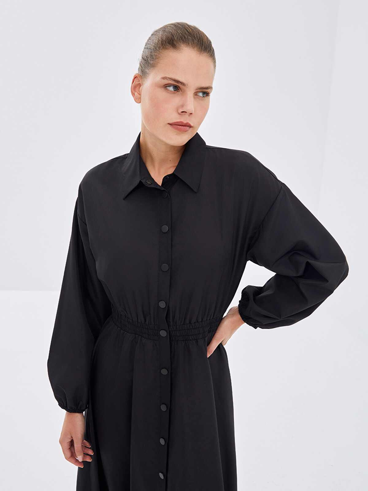 LCW Modest Siyah Poplin Düz Standart & Regular Gömlek Yaka Uzun