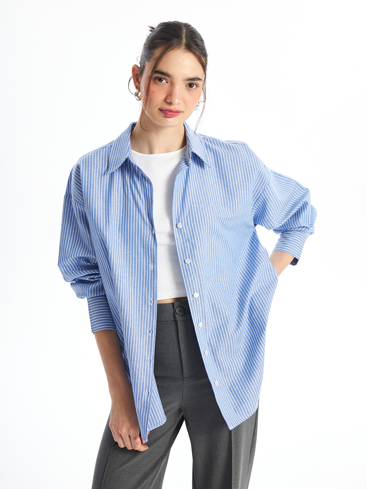 XSIDE Striped Long Sleeve Oversize Women's Shirt - W4I969Z8-LEN