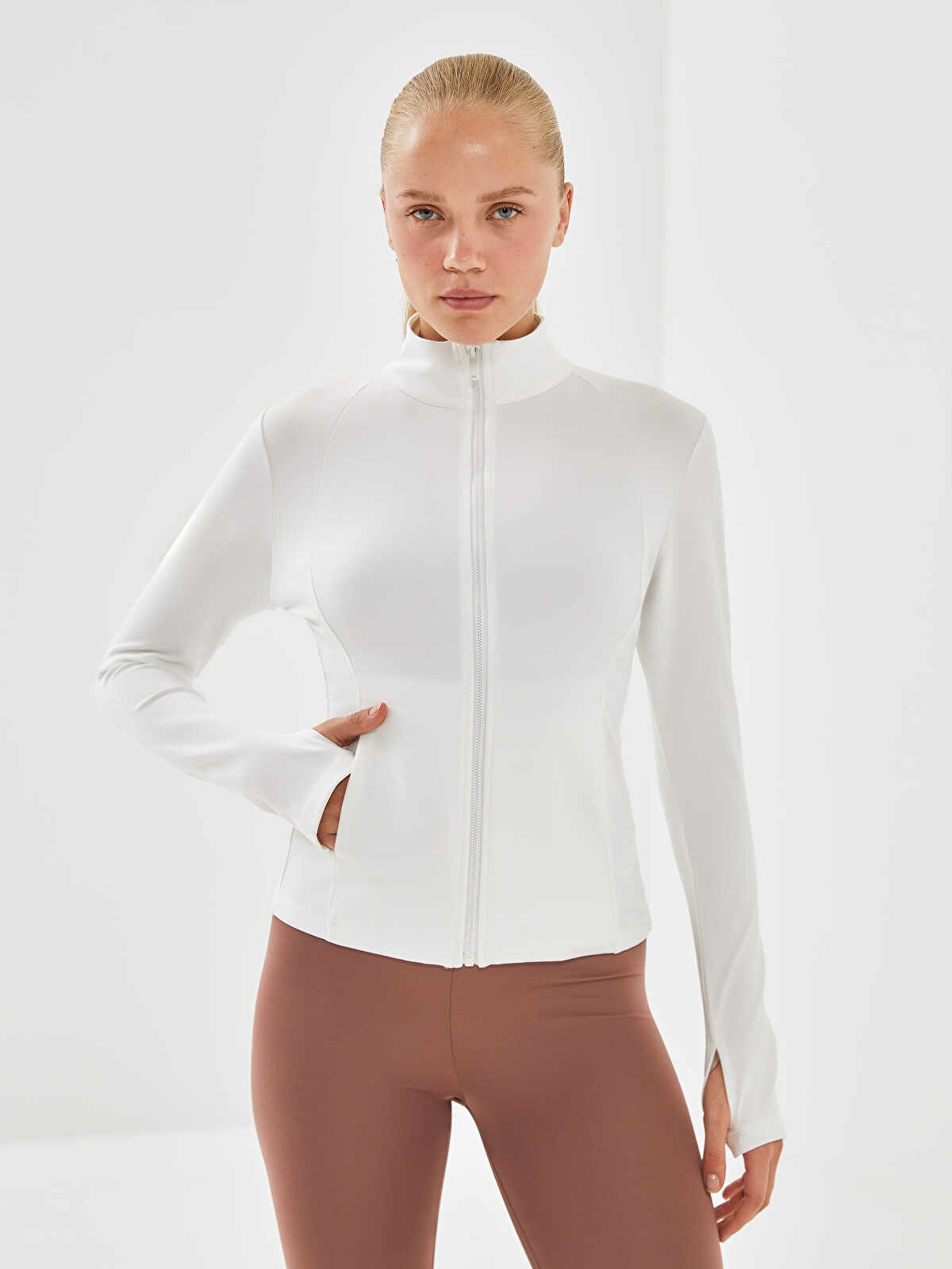 XSIDE ACTIVE Beyaz Dalgıç Kumaşı Düz Kadın Fermuarlı Sweatshirt
