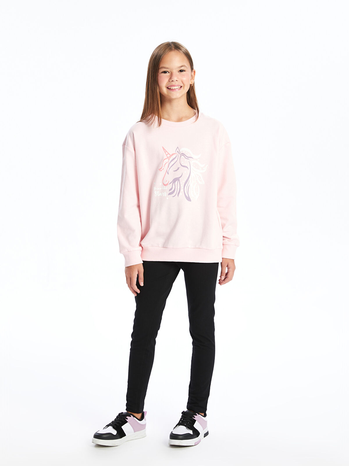 LCW Kids Pembe Bisiklet Yaka Kız Çocuk Sweatshirt - W4IM51Z4-FUG | LCW