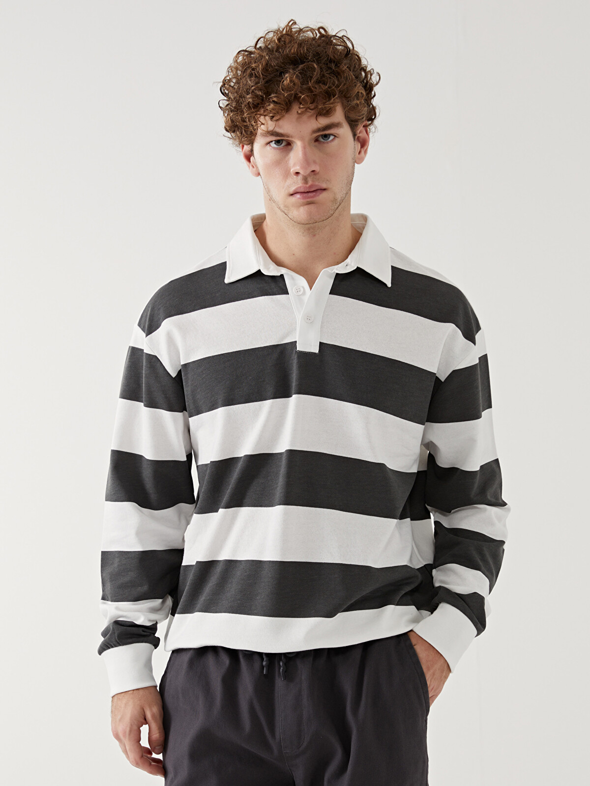 XSIDE Polo Yaka Uzun Kollu Çizgili Erkek Kalın Sweatshirt