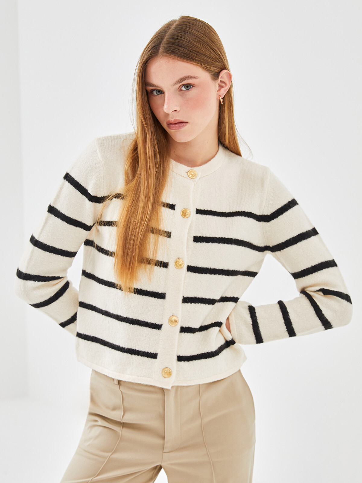 LCW Vision Crew Neck Striped Women's Knitwear Cardigan - W4JC61Z8