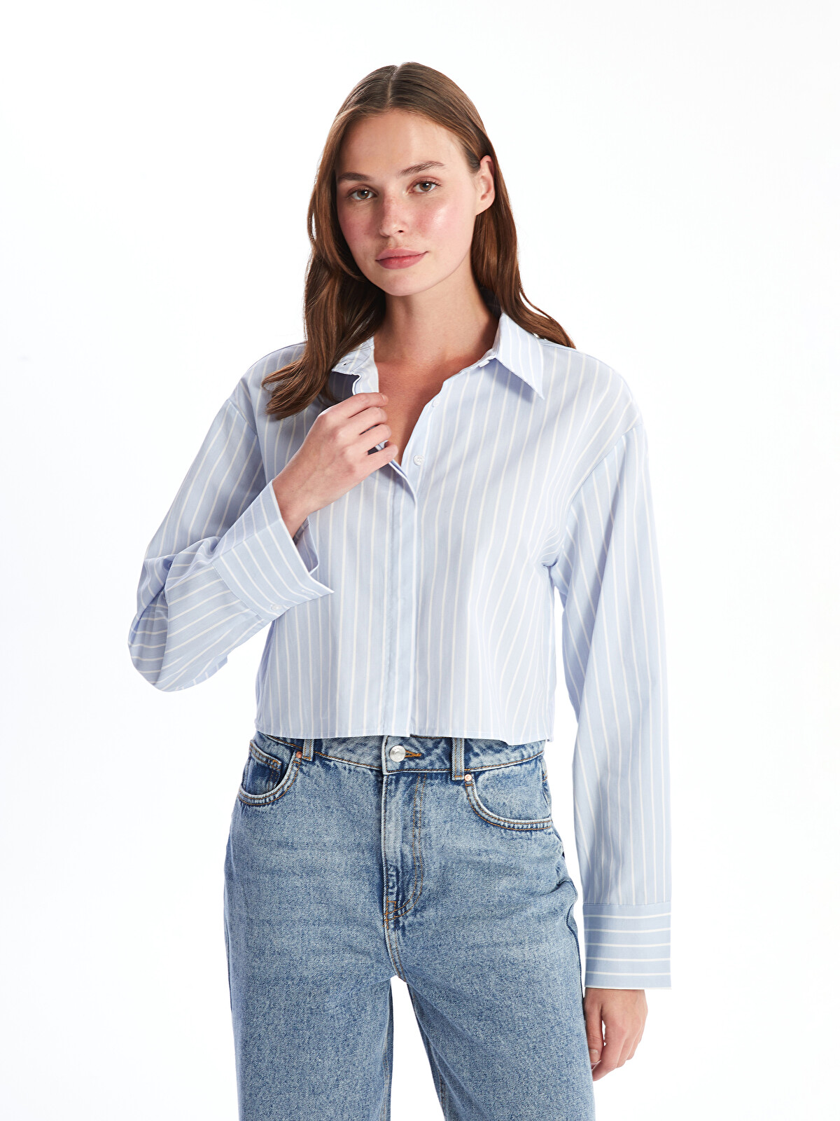 XSIDE Striped Crop Poplin Women's Shirt - W4JC66Z8-LEN | LC Waikiki