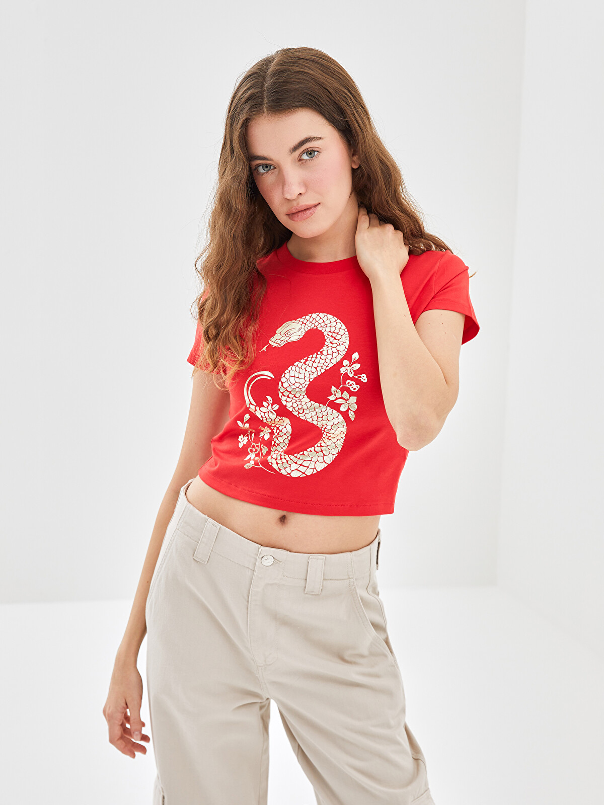 LCW Vision Crop Top Pentru Femei Cu Imprimeu și Guler Rotund