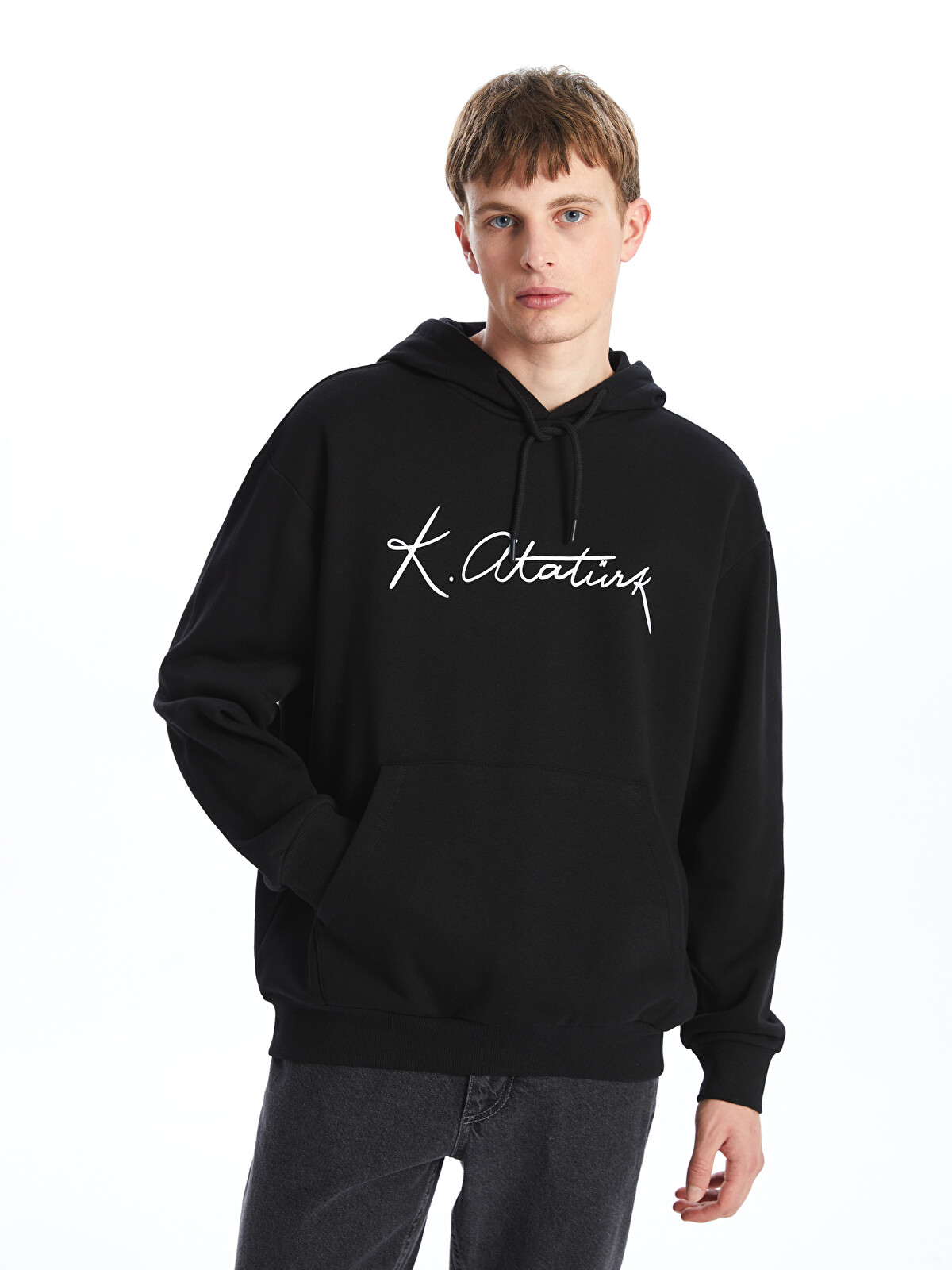 WISHLIGHT POSTHOUSE SERIES 卓大王　Wish Koi XSIDE Siyah Uzun Kollu Atatürk İmzası Baskılı Erkek Kalın Hoodie