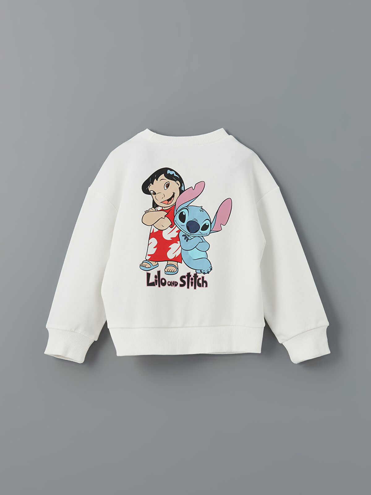 LCW Kids Ekru Bisiklet Yaka Lilo ve Stitch Baskılı Kız Çocuk