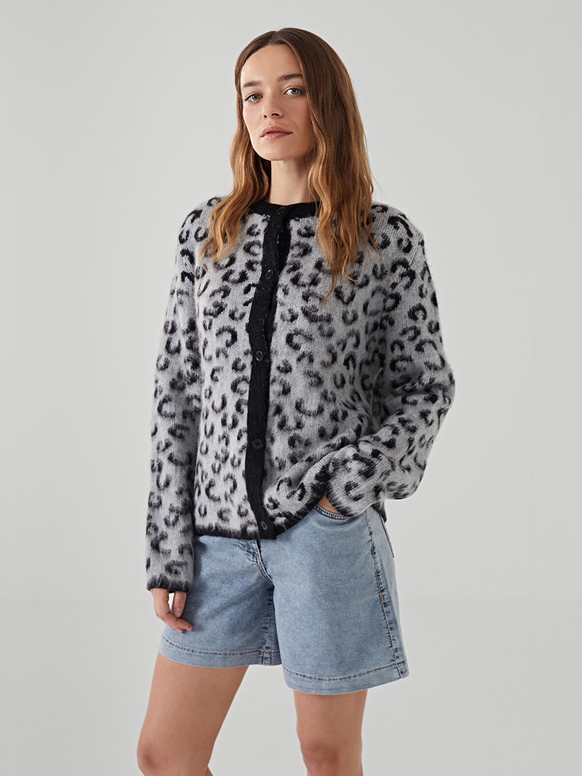 Crew Neck Leopard Print Women's Knitwear Cardigan -W4LN79Z8