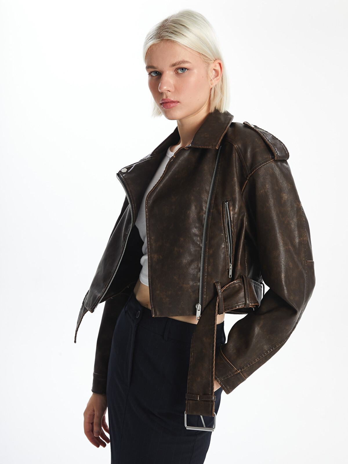 XSIDE Kahverengi Biker Yaka Kadın Deri Görünümlü Ceket - S44992Z8