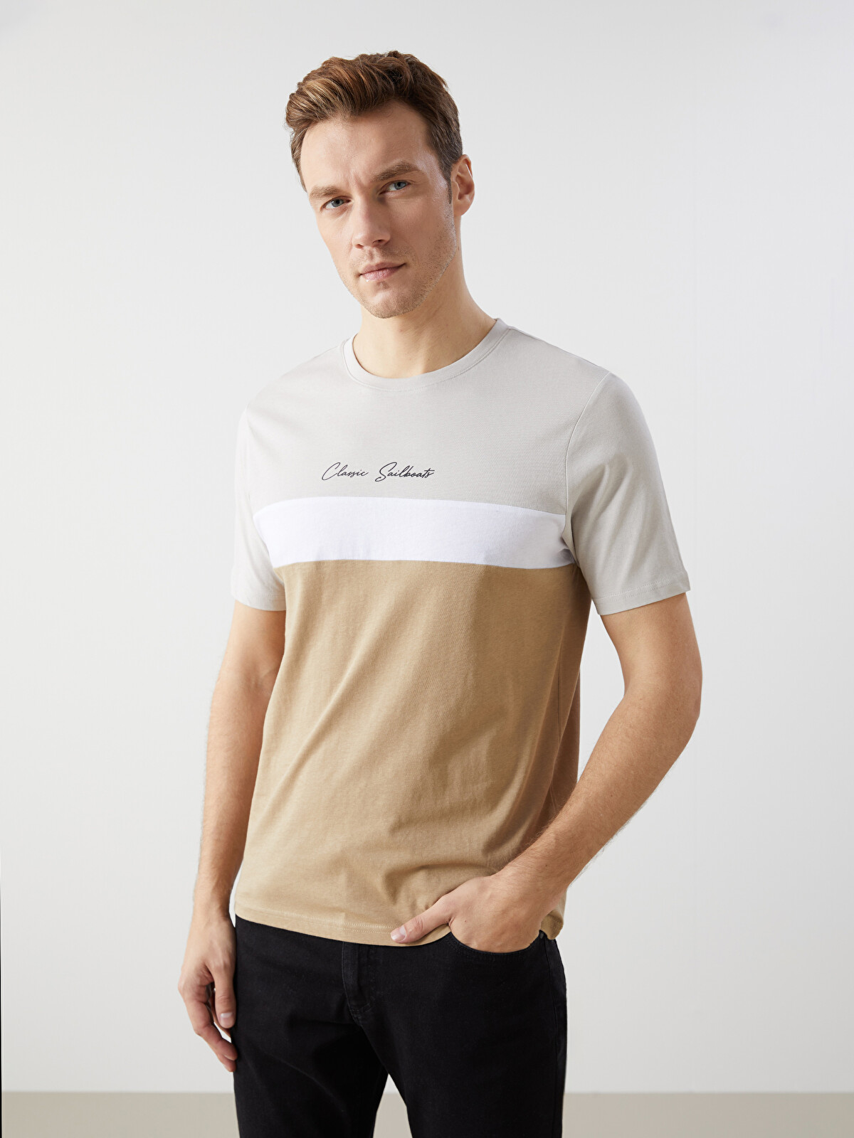 美品＊Deuxieme Classe茶×白 BF SHIRTS オーバーサイズ LCWAIKIKI Classic Crew Neck Short Sleeve Color Block Men's T-Shirt