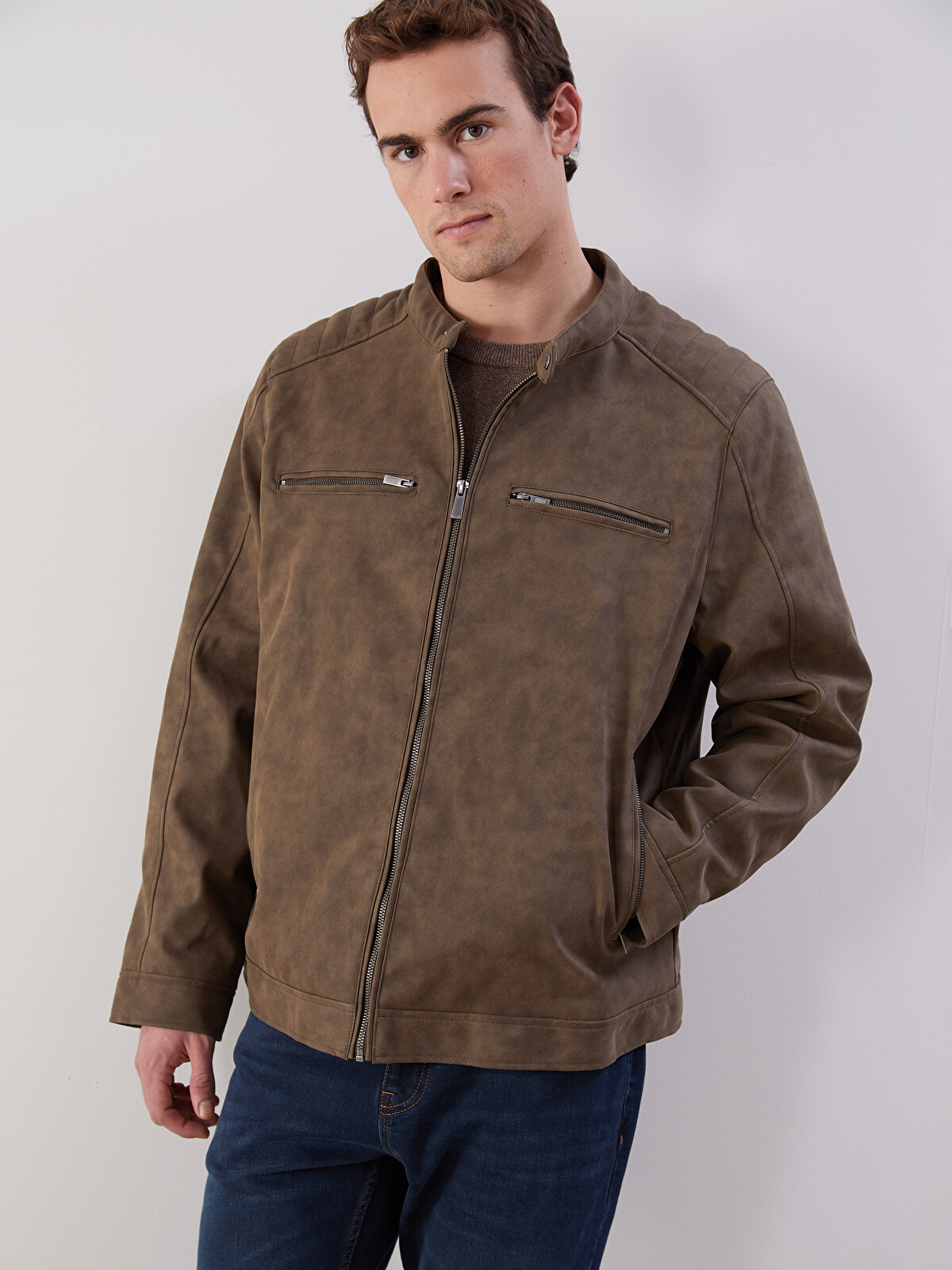 LCWAIKIKI Classic Slim Fit Biker Collar Men's Faux Leather Jacket