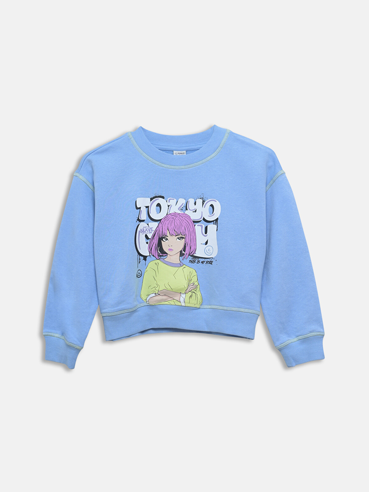 LCW Kids Crew Neck Tokyo Printed Girls' Crop Sweatshirt - S51529Z4