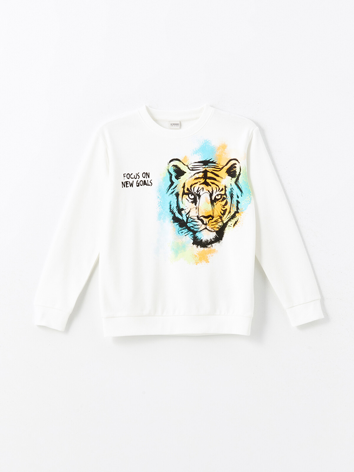 LCW Kids Beyaz Bisiklet Yaka Kaplan Baskılı Erkek Çocuk Sweatshirt