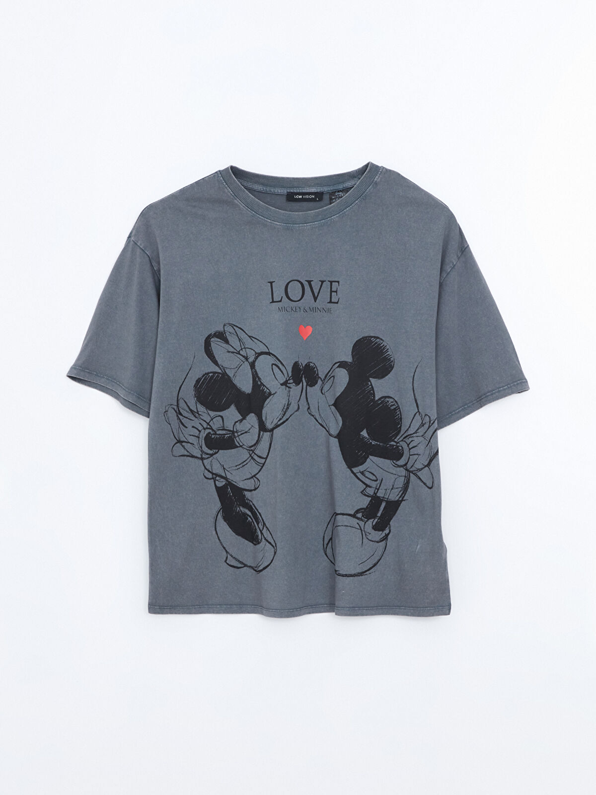 LCW Vision Antrasit Mickey ve Minnie Baskılı Oversize Kadın Tişört