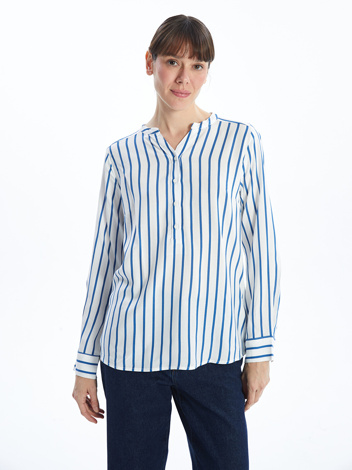 LCWAIKIKI Classic Notch Neck Striped Women's Blouse - S52363Z8-LEN
