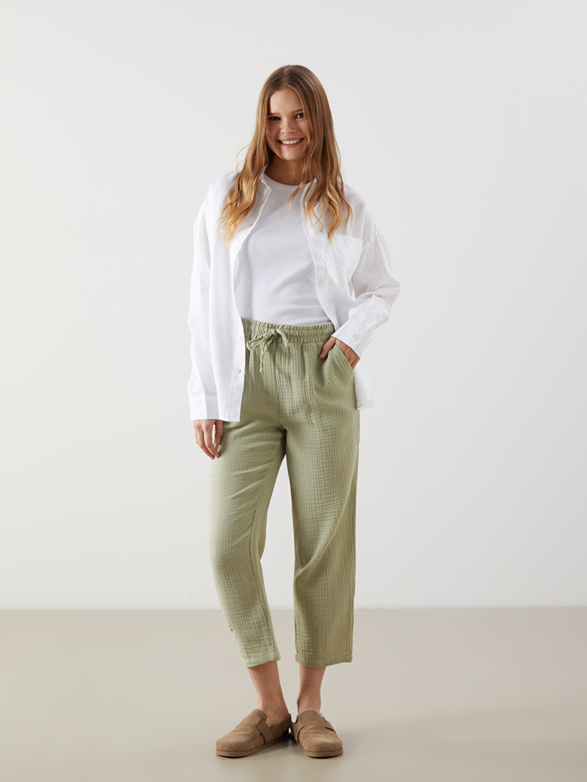 XSIDE Pantaloni Simpli Din Muselină Cu Talie Elastică Pentru Femei