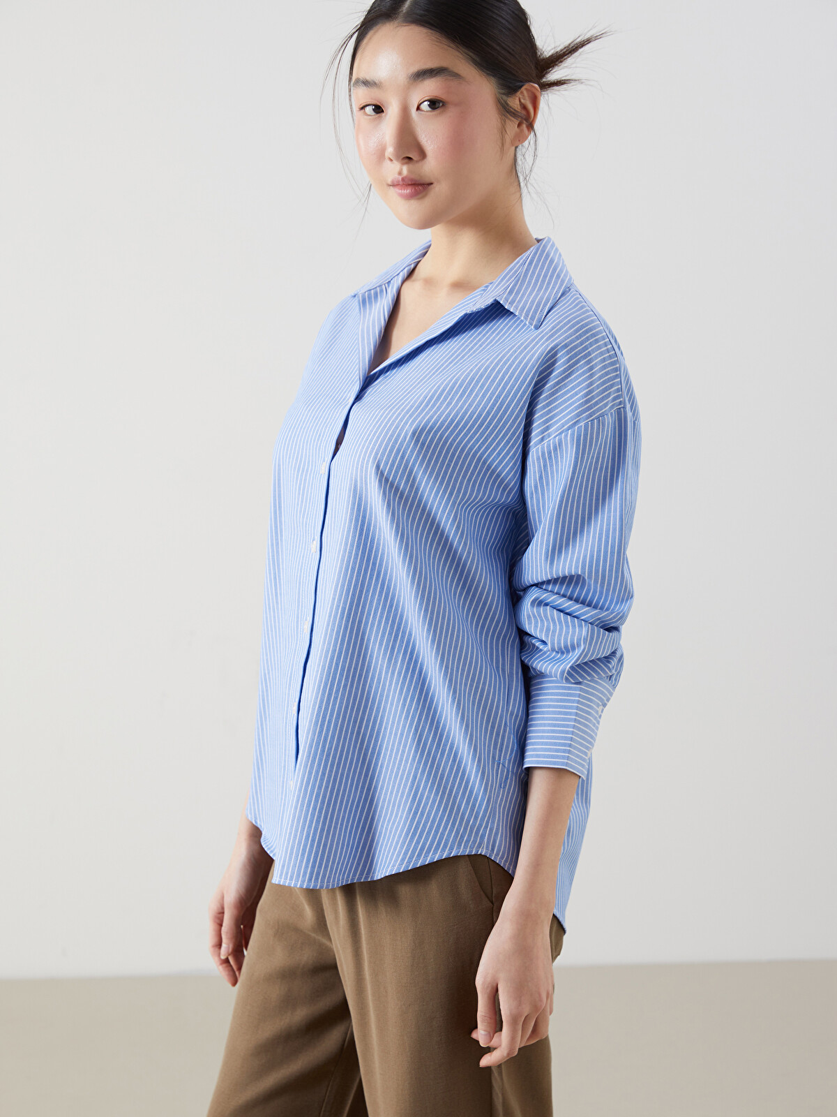XSIDE Mavi Çizgili Oversize Poplin Kadın Gömlek - S52676Z8-LEN | LCW