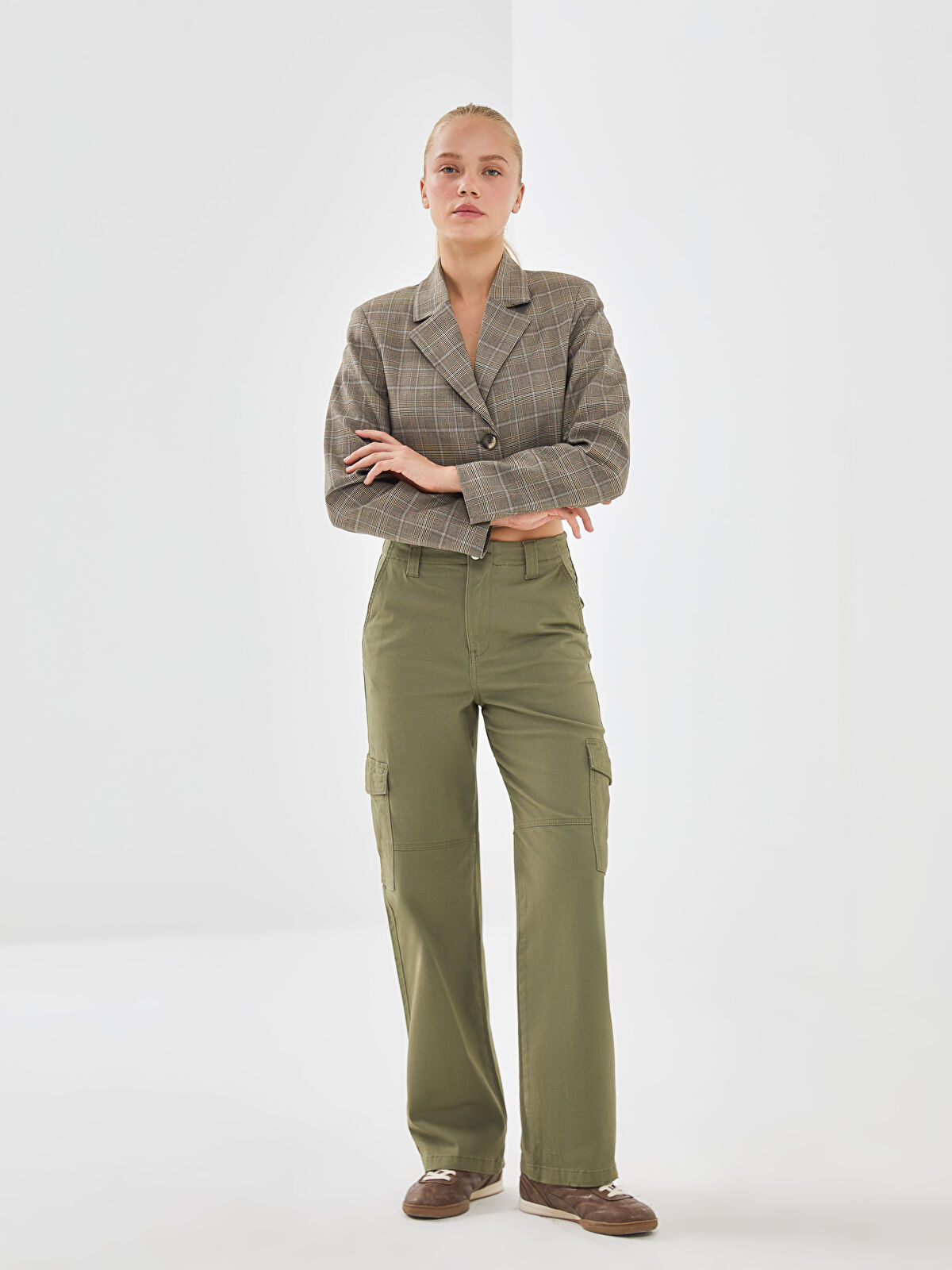 XSIDE Yeşil Standart Fit Gabardin Kadın Kargo Pantolon - S52698Z8