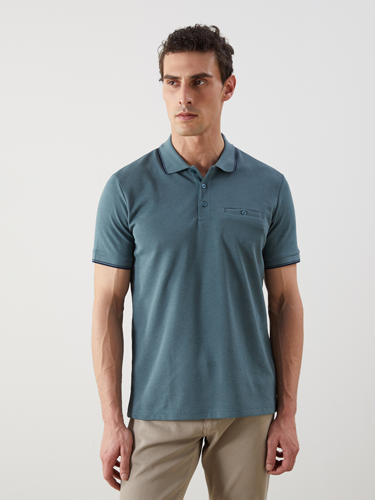 LCWAIKIKI Classic Mavi Polo Yaka Kısa Kollu Erkek Dokulu Tişört