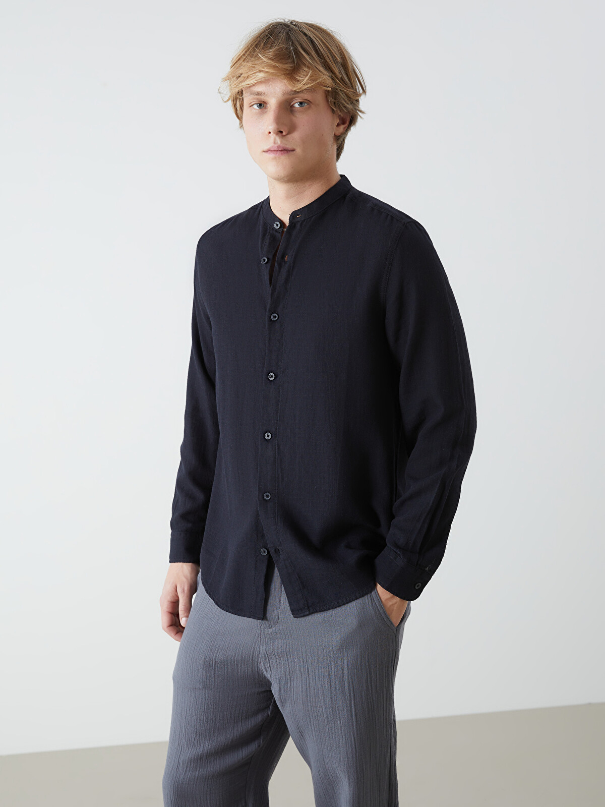 【期間限定】everyone regular collar shirt XSIDE Regular Fit Grandad Collar Long Sleeve Men's Shirt