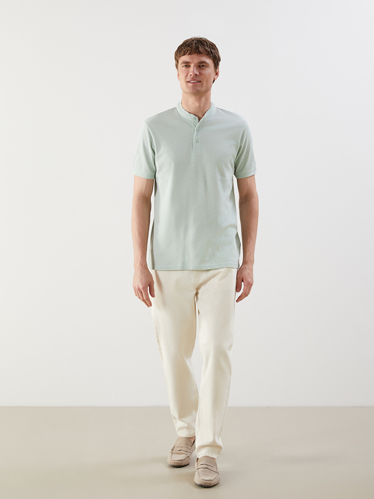 LCWAIKIKI Classic Grandad Collar Short Sleeve Patterned Pique
