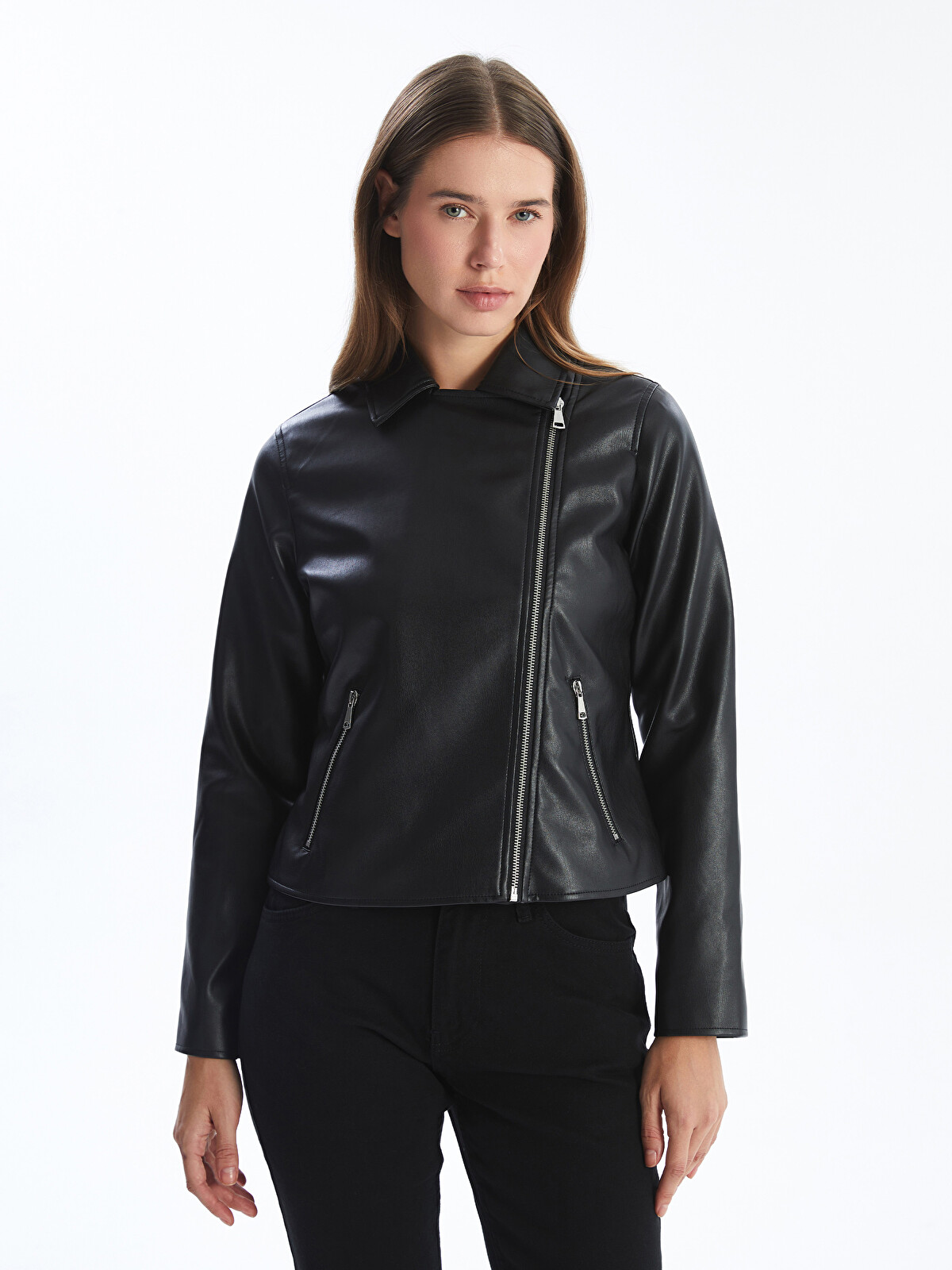 LCW Modest Siyah Biker Yaka Kadın Deri Görünümlü Ceket - S54186Z8