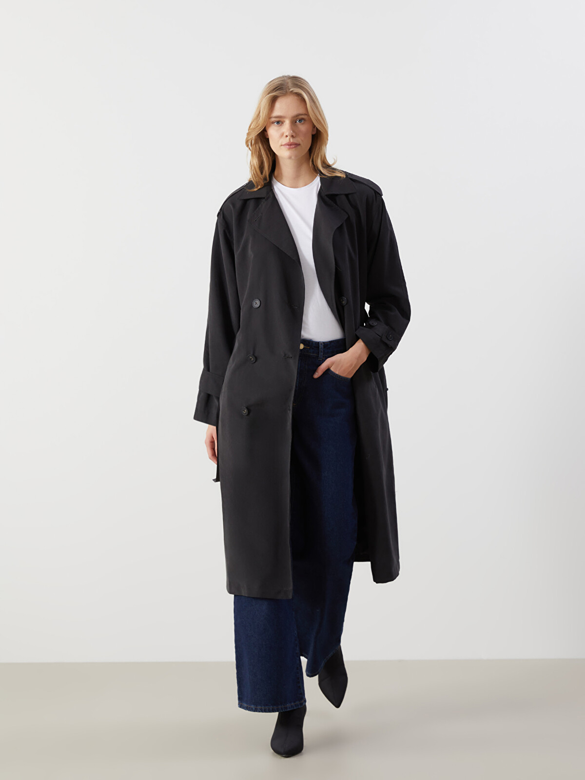 LCW Modest Siyah Ceket Yaka Kadın Trençkot - S54187Z8-RQL | LCW