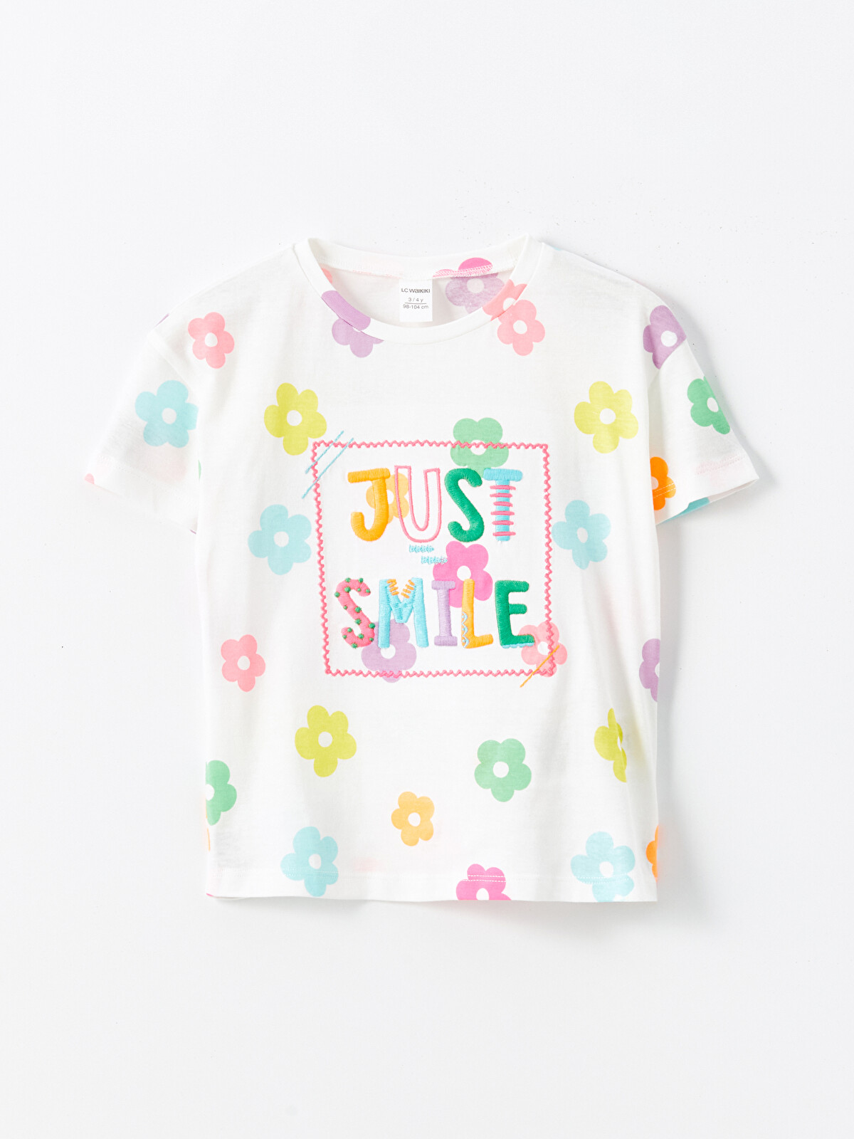 LCW Kids Ekru Bisiklet Yaka Çiçekli Kız Çocuk Tişört - S54273Z1