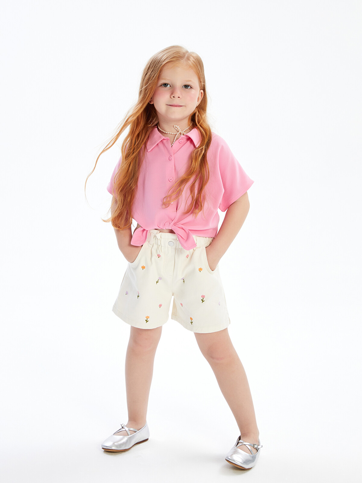 LCW Kids Ekru Çiçekli Gabardin Kız Çocuk Şort - S54356Z1-FDL | LCW