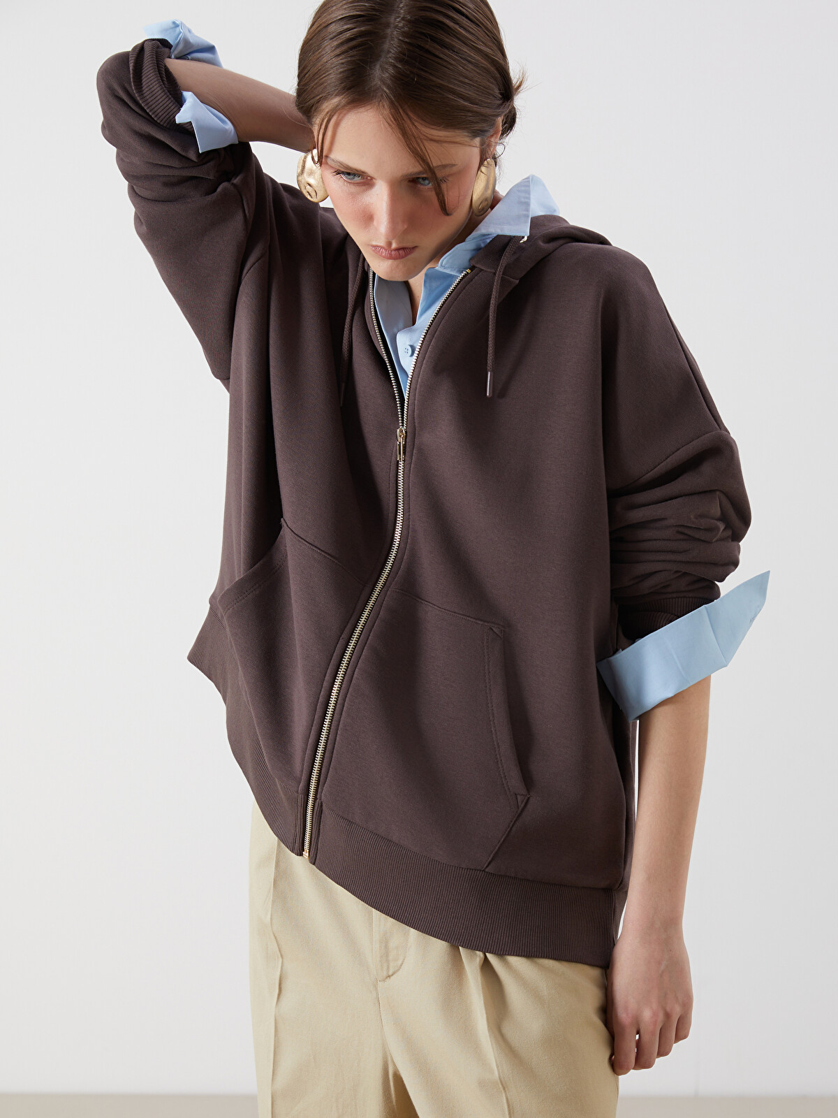 LCW Vision Kapüşonlu Oversize Kadın Fermuarlı Sweatshirt