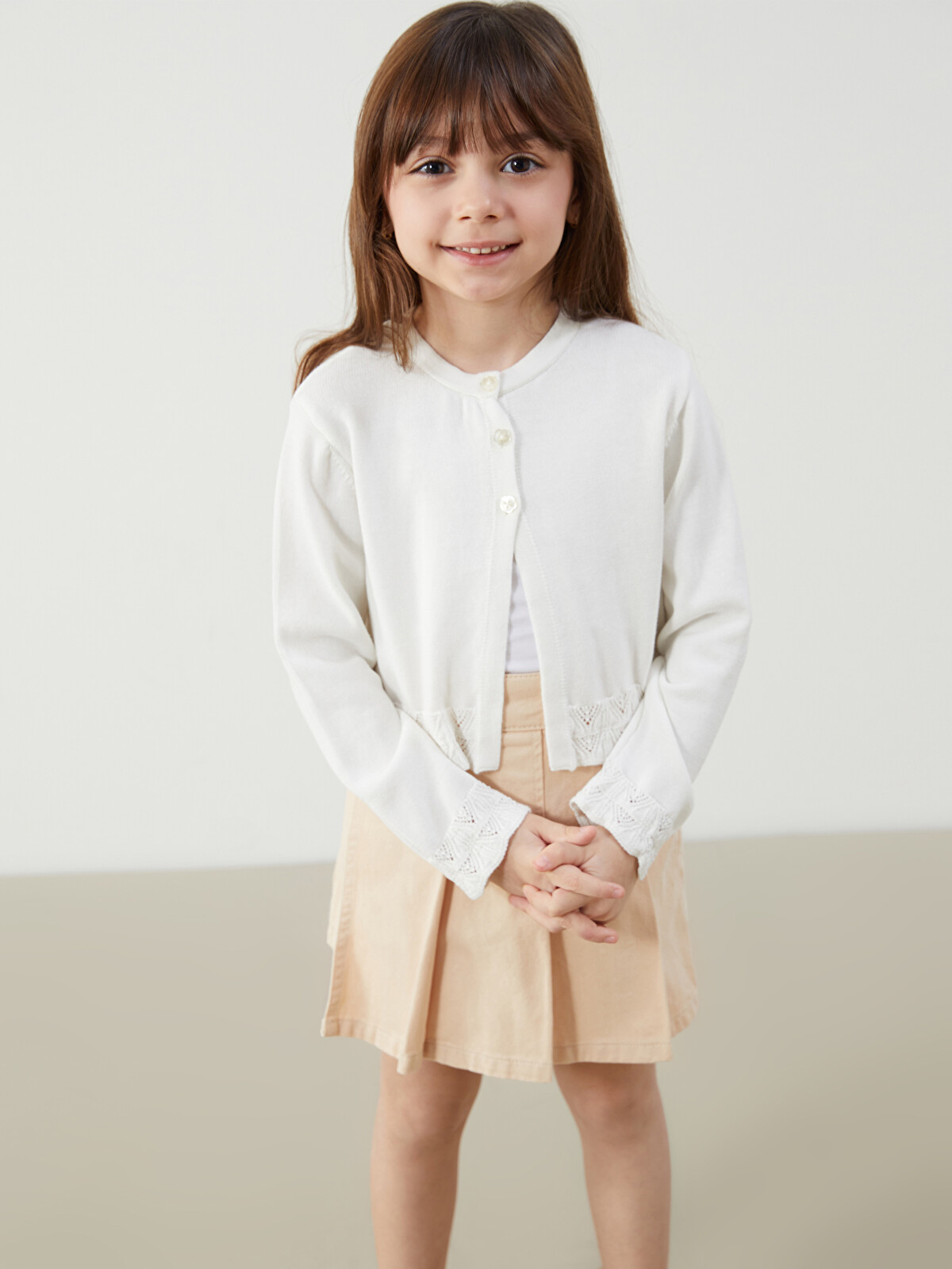 LCW Kids Crew Neck Girls Knitted Cardigan - S54869Z1-FDL | LC Waikiki