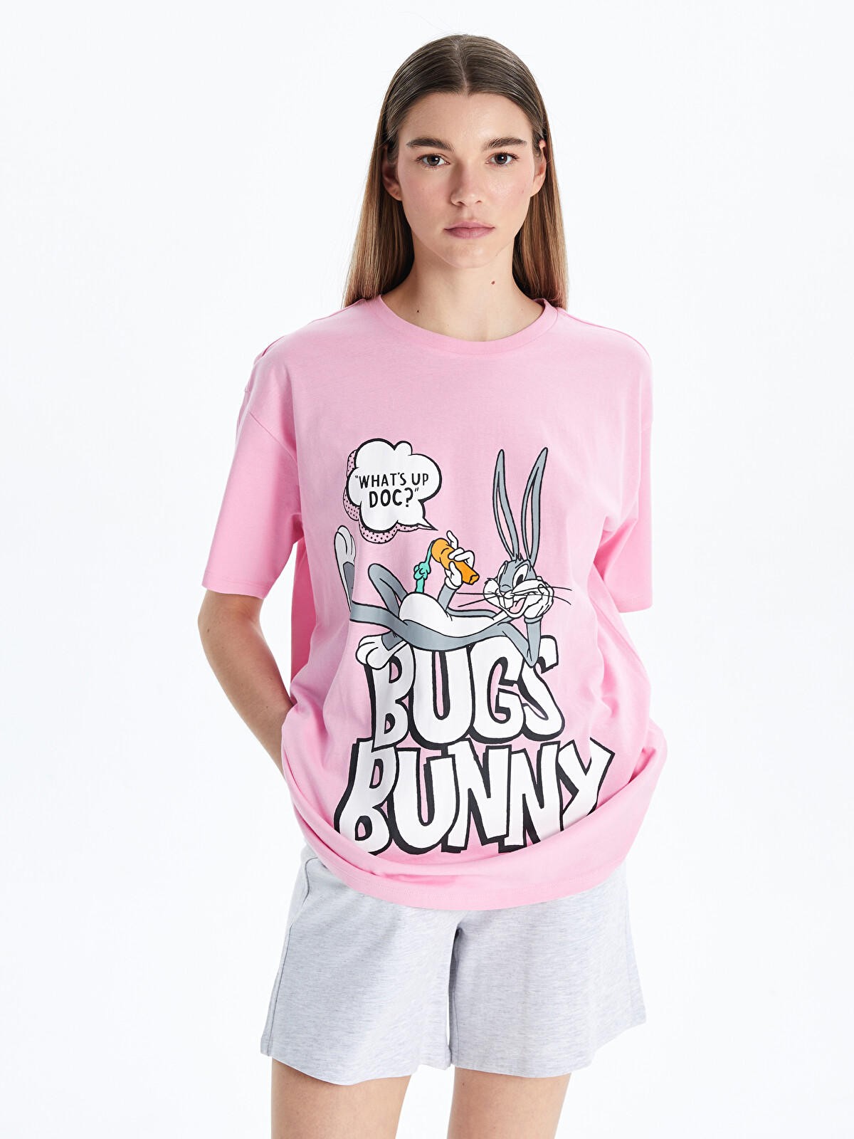 4✳B  Dot Bunny CandyStripeBunny XSIDE Bisiklet Yaka Bugs Bunny Baskılı Kadın Tişört - S54960Z8-GA5