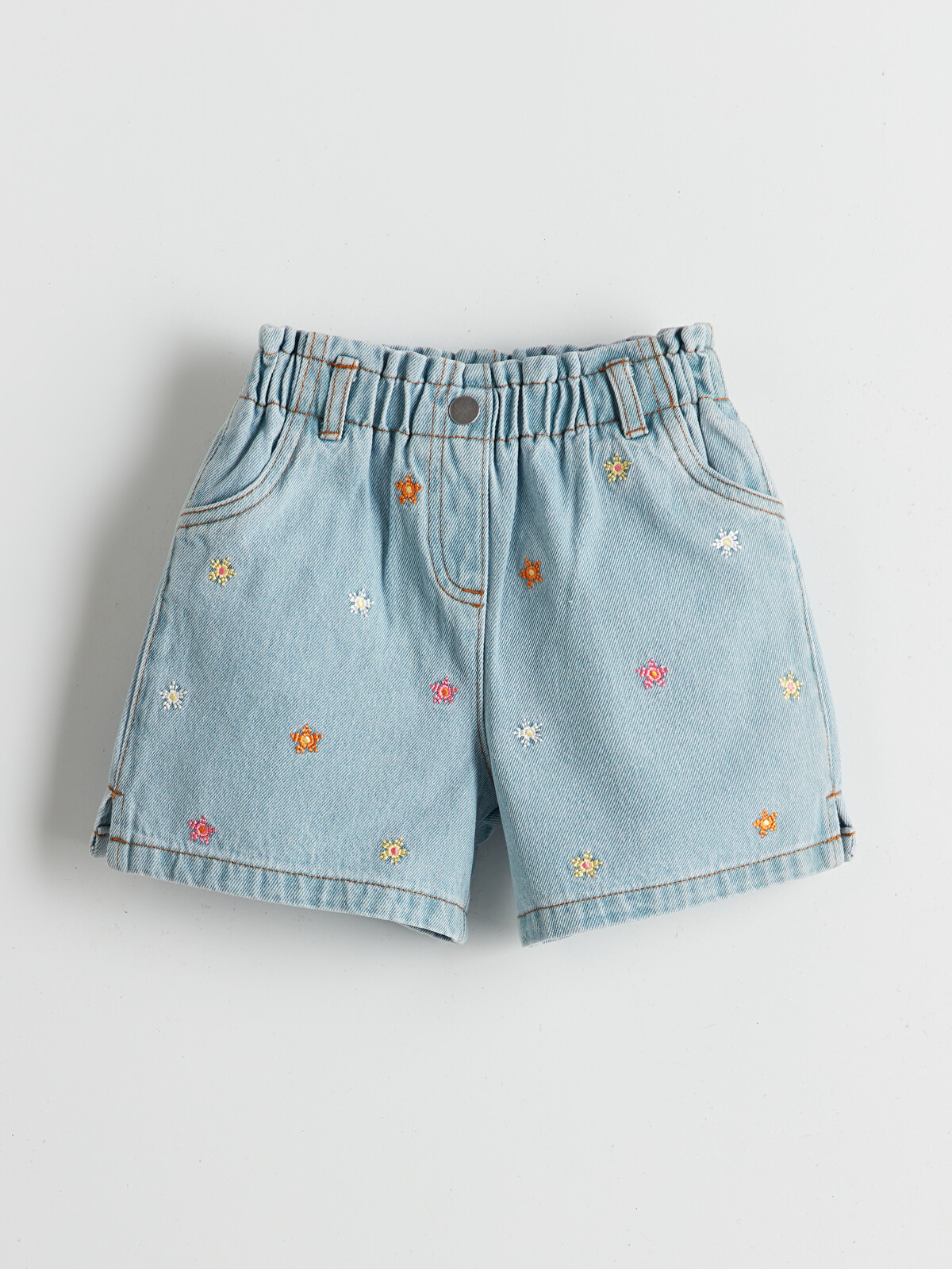 LCW Kids Mavi Beli Lastikli Nakışlı Kız Çocuk Jean Şort - S55211Z1