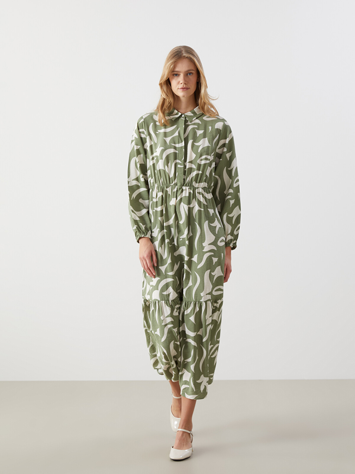 LCW Modest Collared Neck Patterned Women's Dress - S55643Z8-LRK