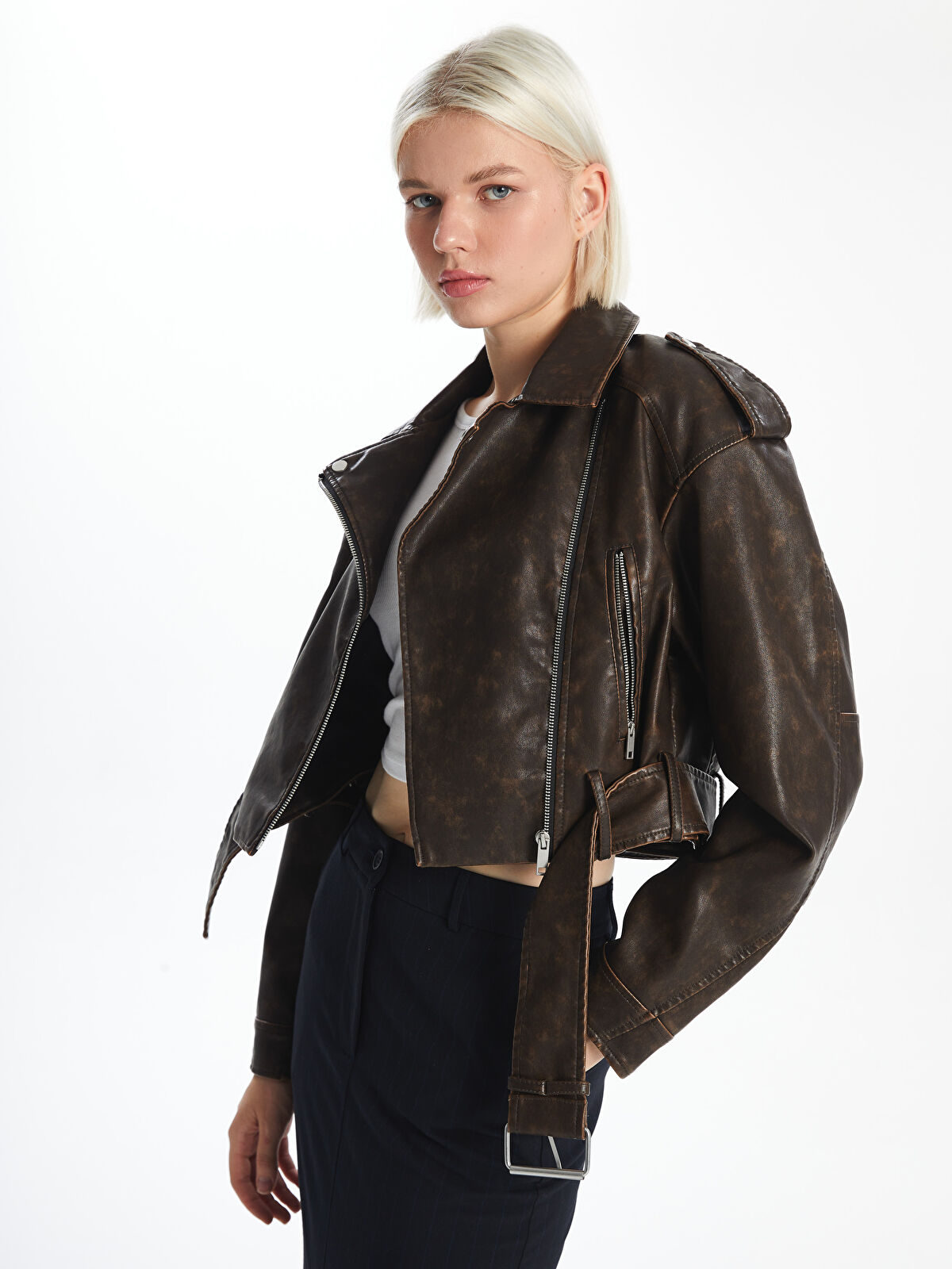 XSIDE Biker Neck Women's Faux Leather Jacket - S56050Z8-YA1 - LC