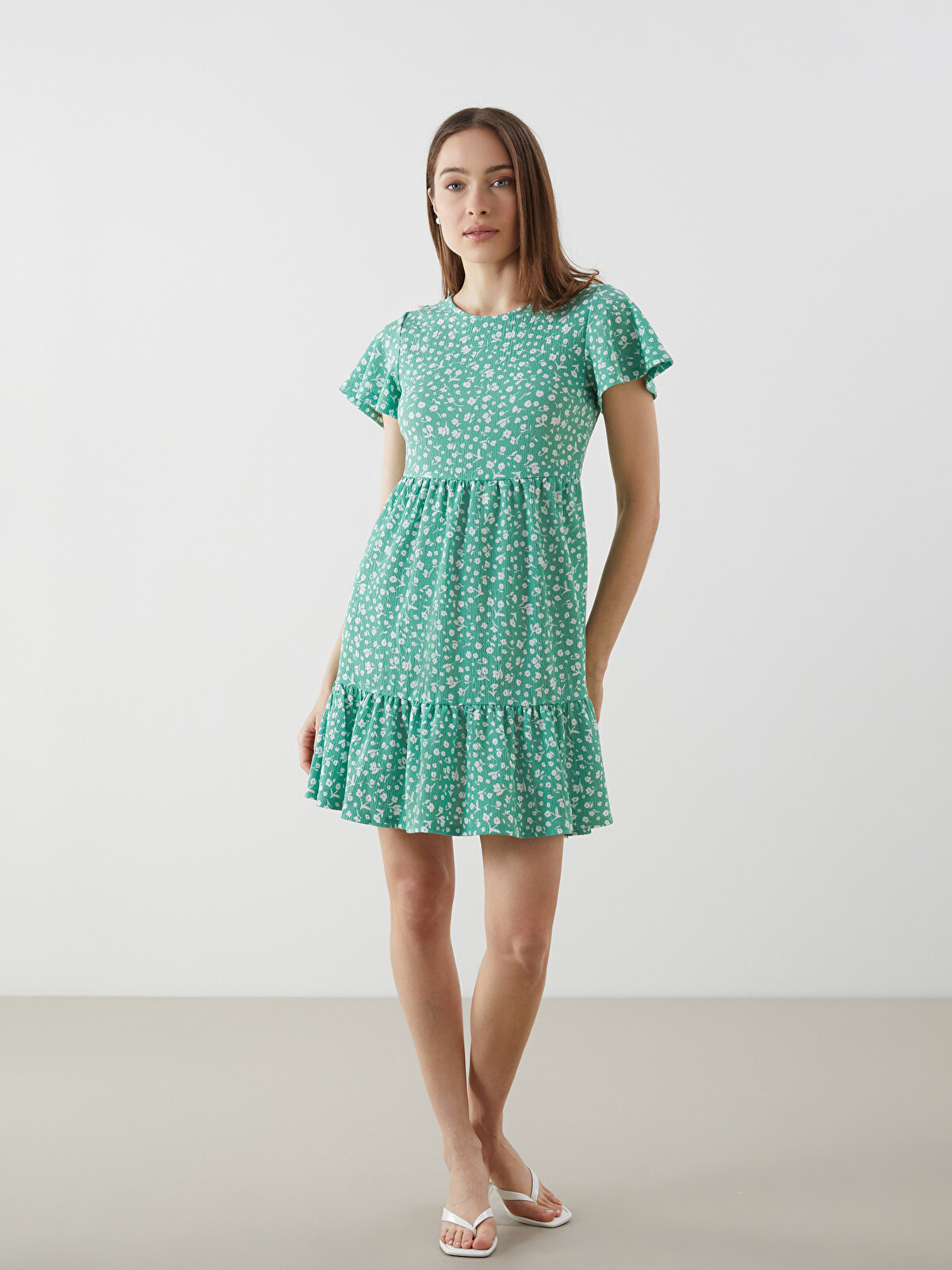 LCW Comfort Crew Neck Floral Women's Mini Dress - S56183Z8-LRR