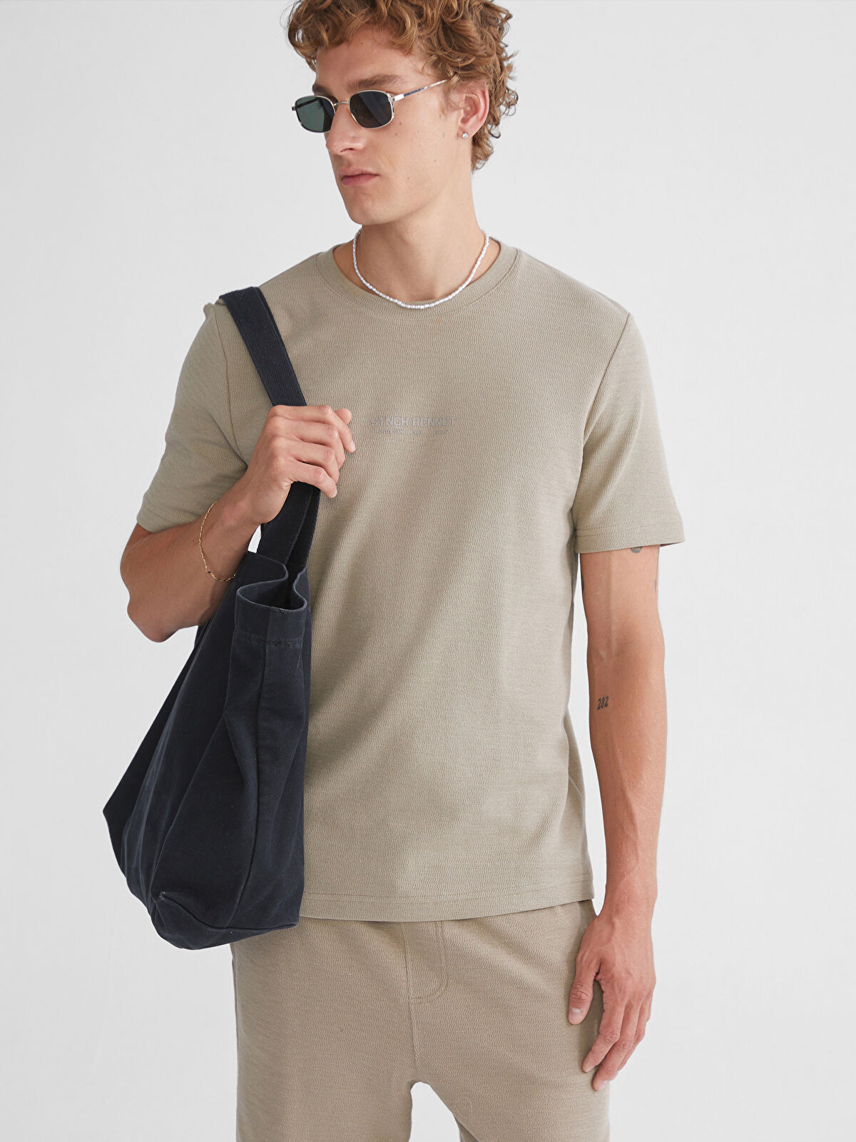 XSIDE Bej Bisiklet Yaka Kısa Kollu Baskılı Erkek Tişört - S56402Z8