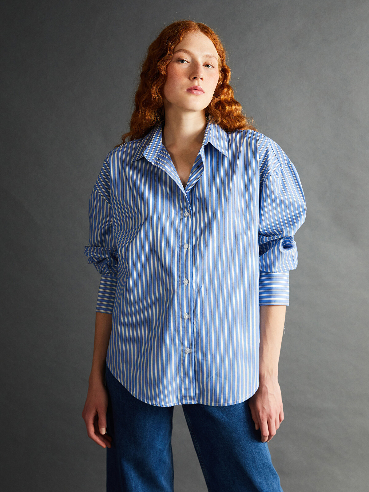LCW Vision Çizgili Oversize Poplin Kadın Gömlek - S57184Z8-LEN
