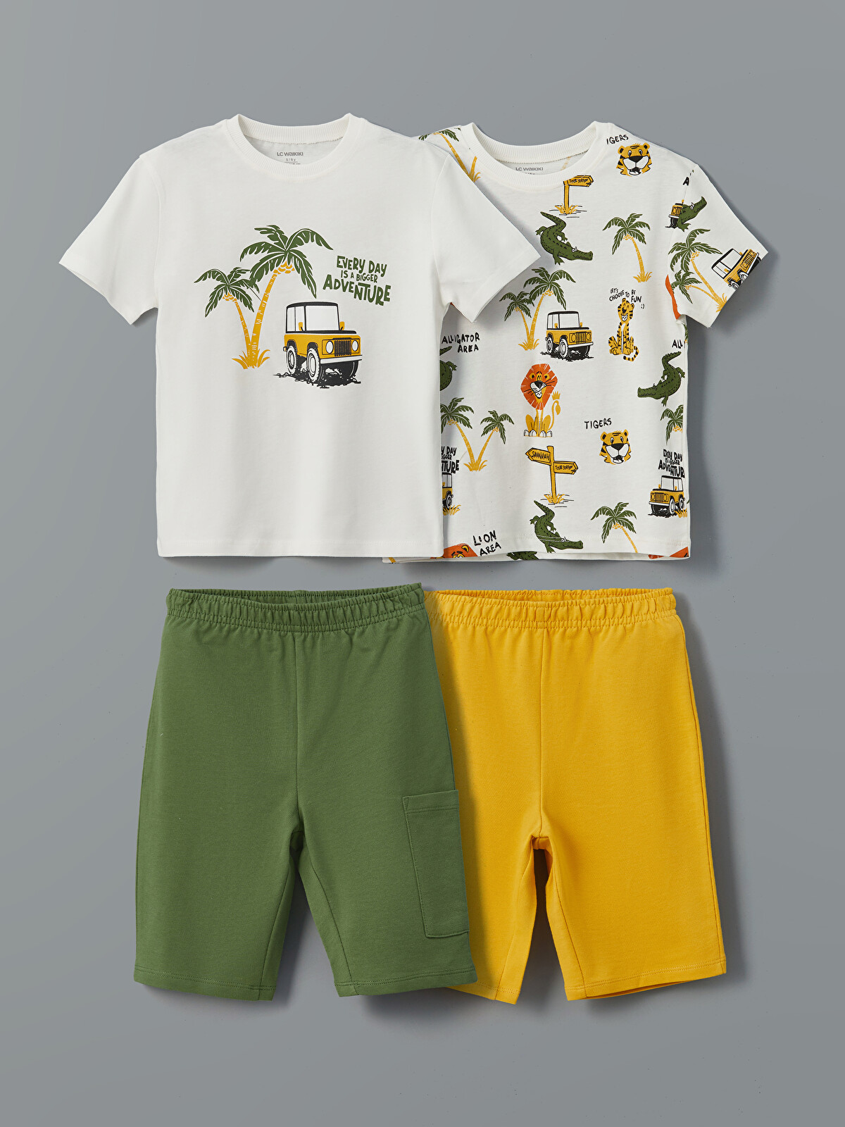 LCW Kids Ekru Bisiklet Yaka Baskılı Erkek Çocuk Tişört ve Şort 2