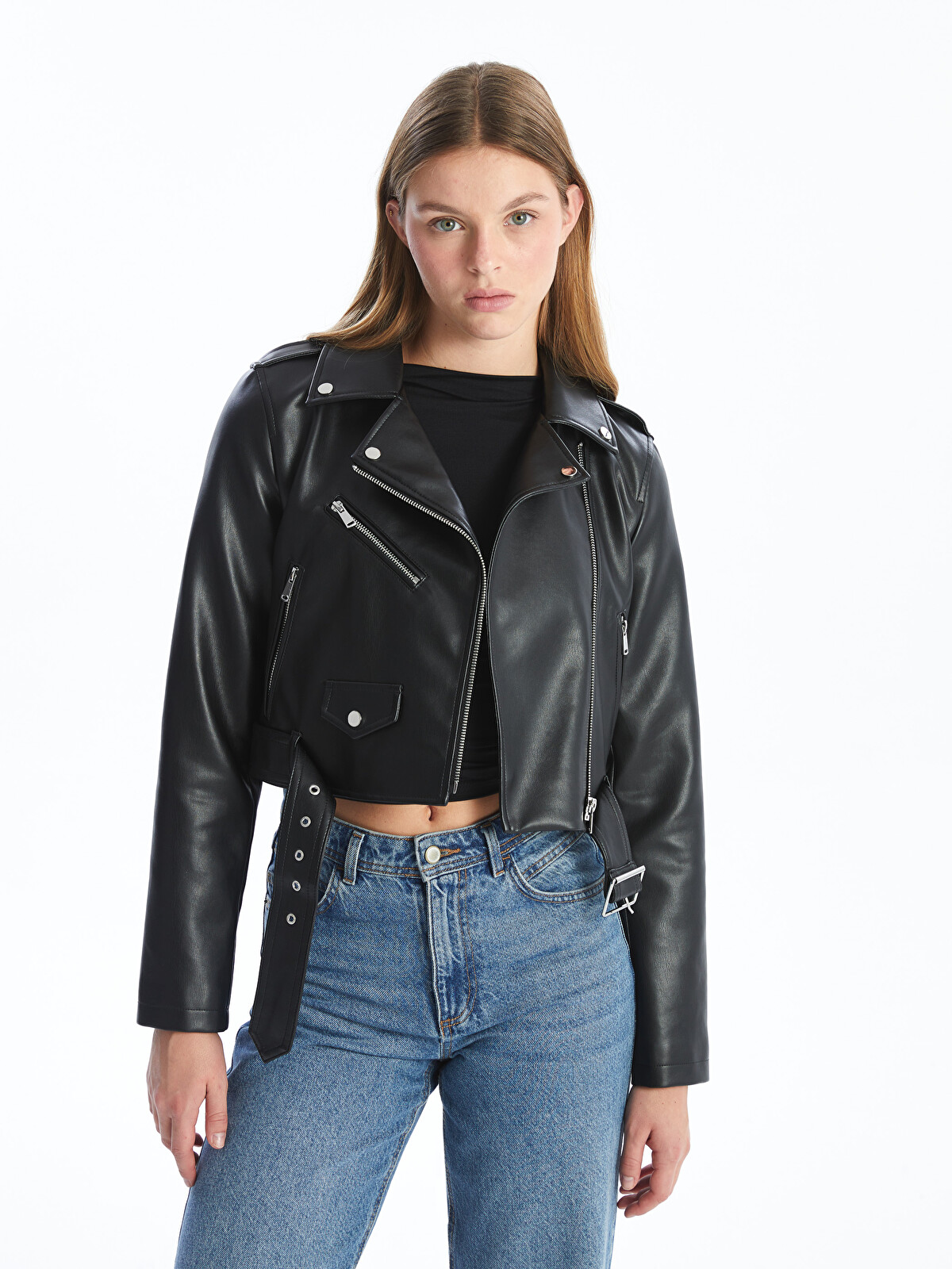 LCW Vision Biker Neck Crop Women's Faux Leather Jacket - S57972Z8