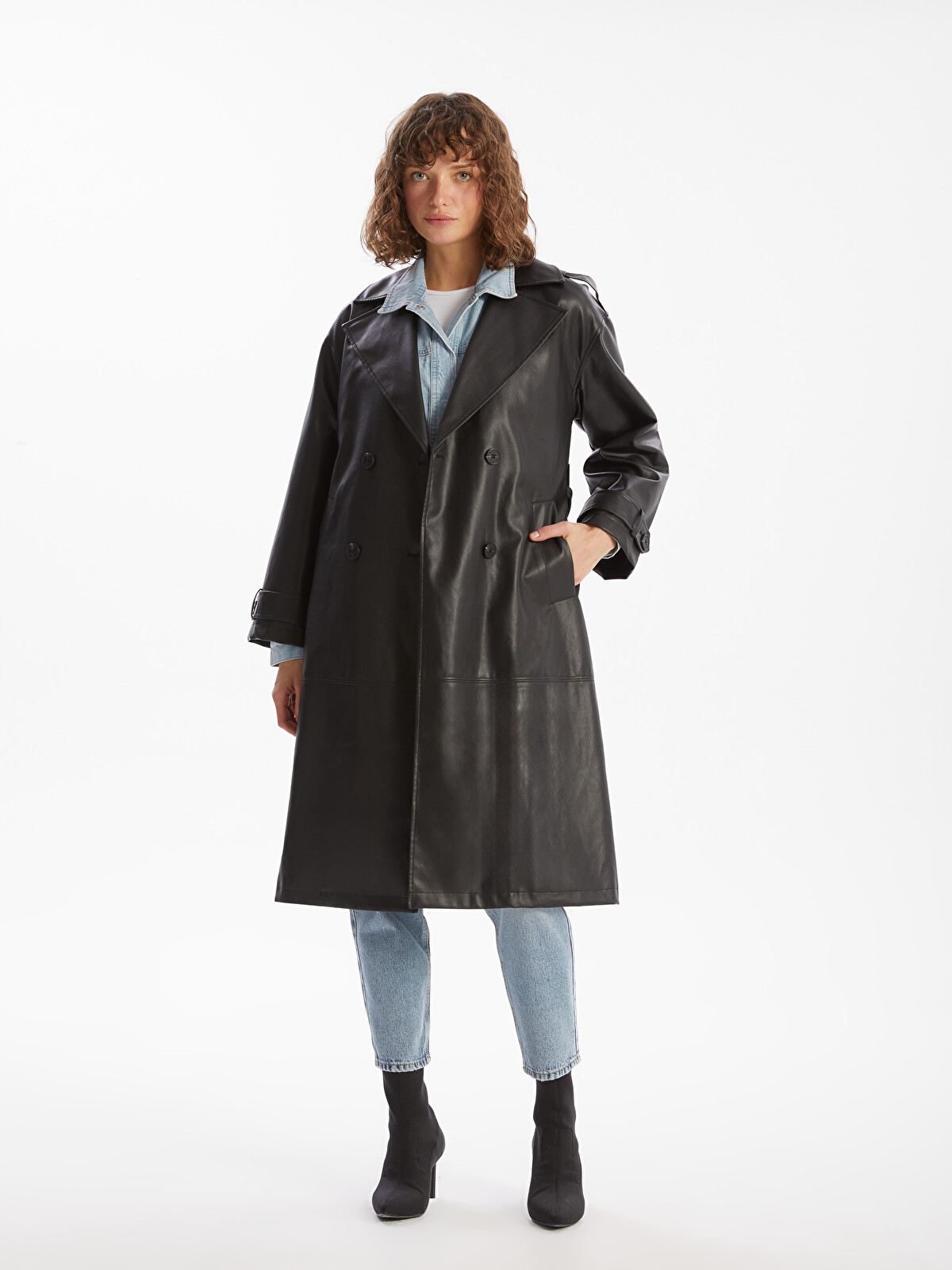 LCW Vision Notch Lapel Women's Faux Leather Trench Coat - S5BI07Z8
