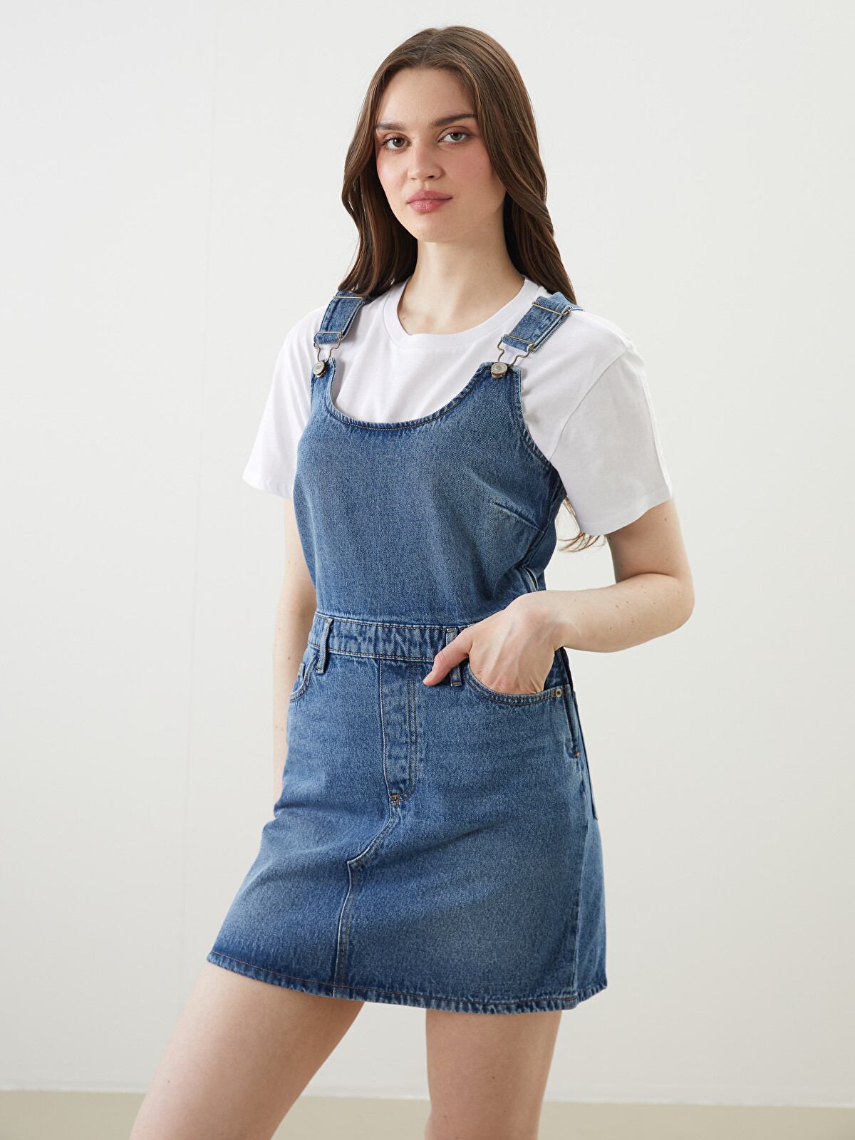 LCW Vision Square Collar Women's Denim Dungarees Dress - S5BM26Z8
