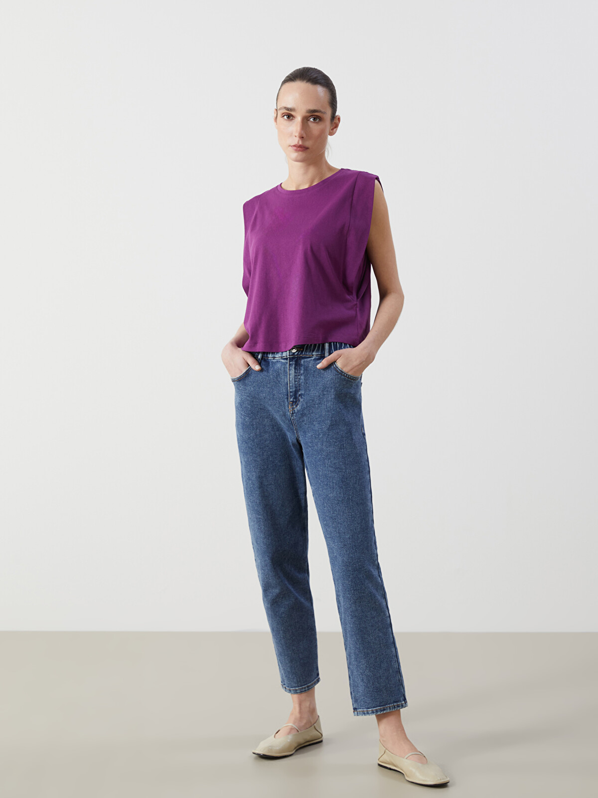 LCW Jeans İndigo Beli Lastikli Slim Mom Kadın Jean Pantolon
