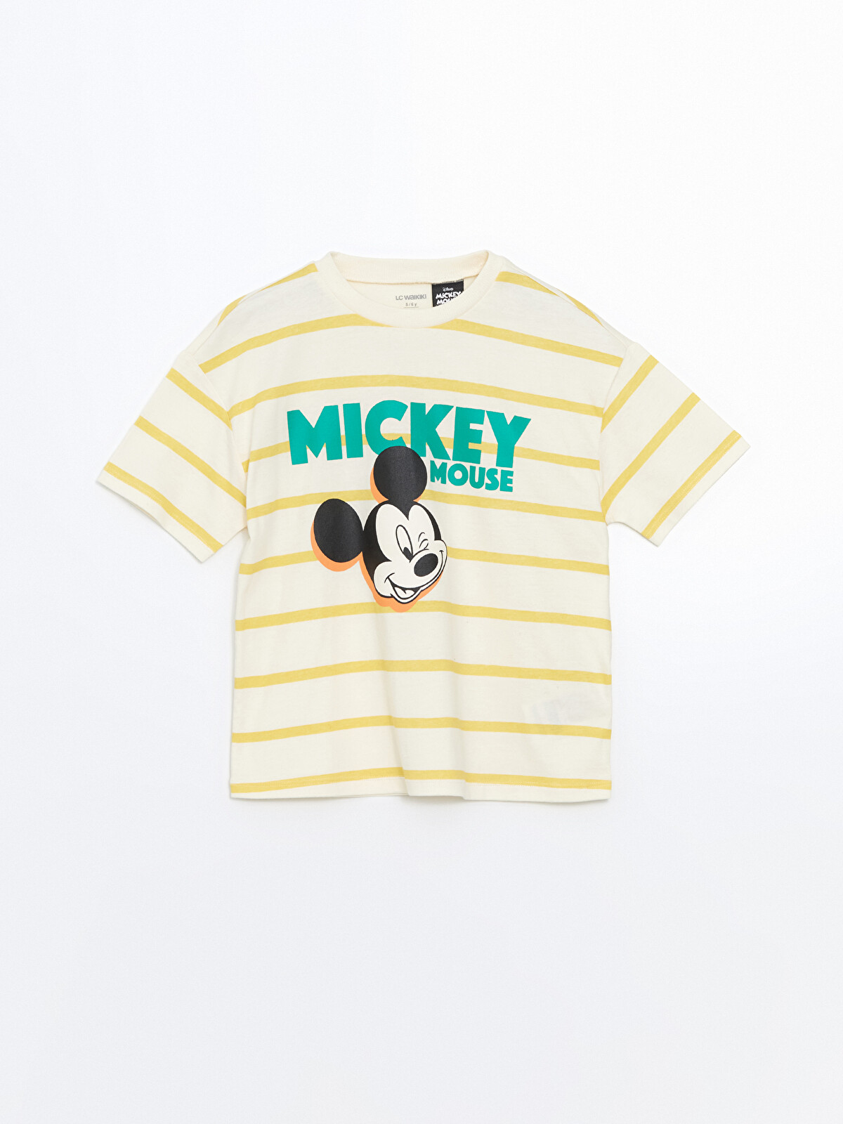 LCW Kids Bej Bisiklet Yaka Mickey Mouse Baskılı Erkek Çocuk Tişört