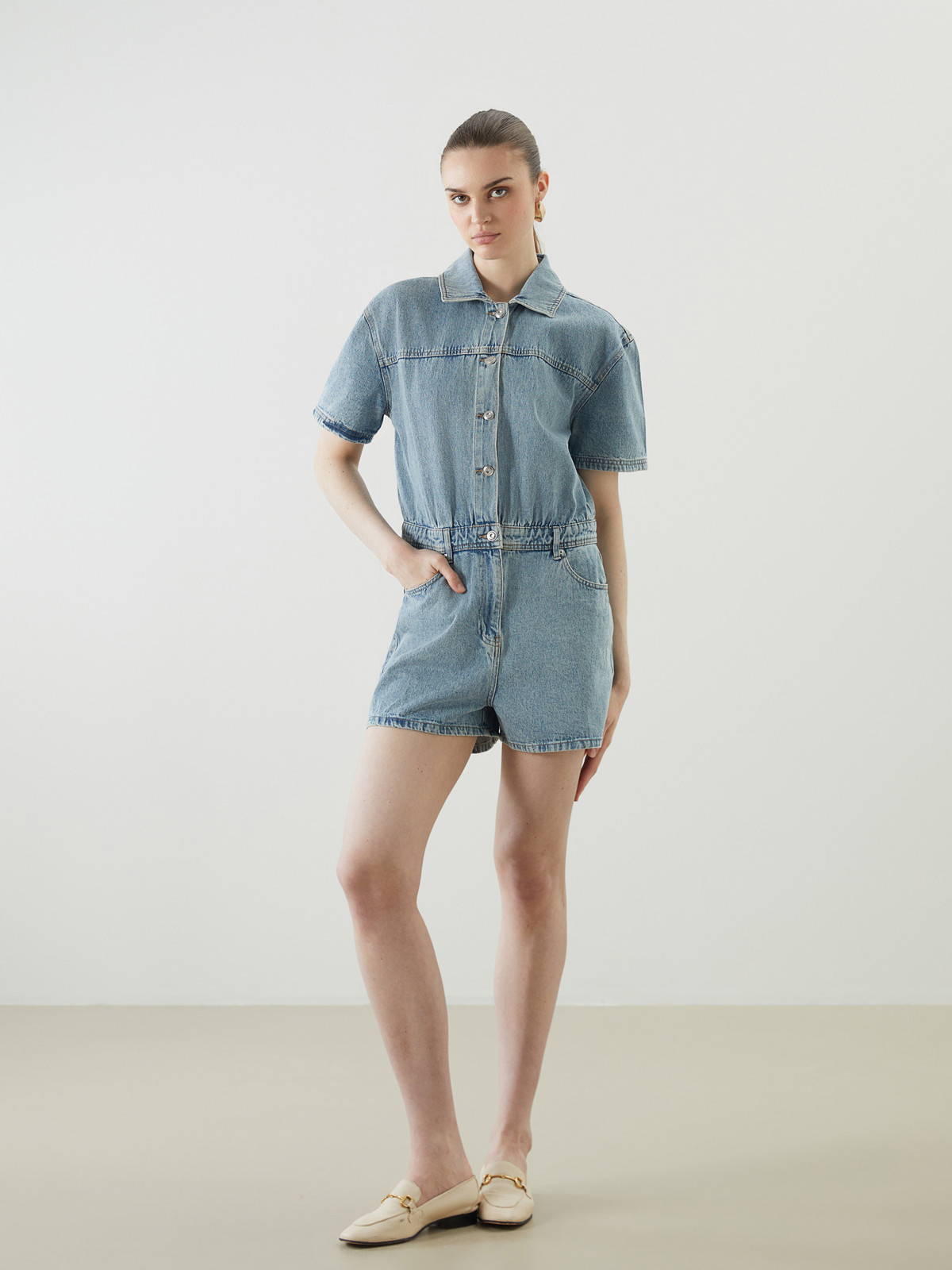 LCW Vision Collared Neck Women's Denim Jumpsuit - S5CY49Z8-311